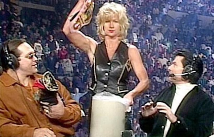 Madusa dumps the WWF Women's Championship into the trash live on WCW television — a moment she would later regret.
