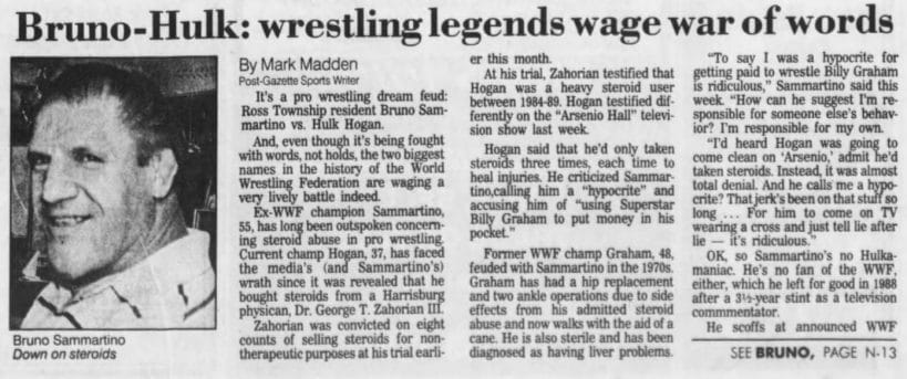 The fateful Pittsburgh Post-Gazette article from Mark Madden that would lead to a feud with Bruno Sammartino (Bruno’s comments about David were featured on the jump)