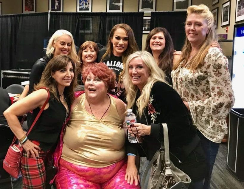 Original GLOW girls meet Nia Jax and Maryse backstage at a WWE event in 2017.