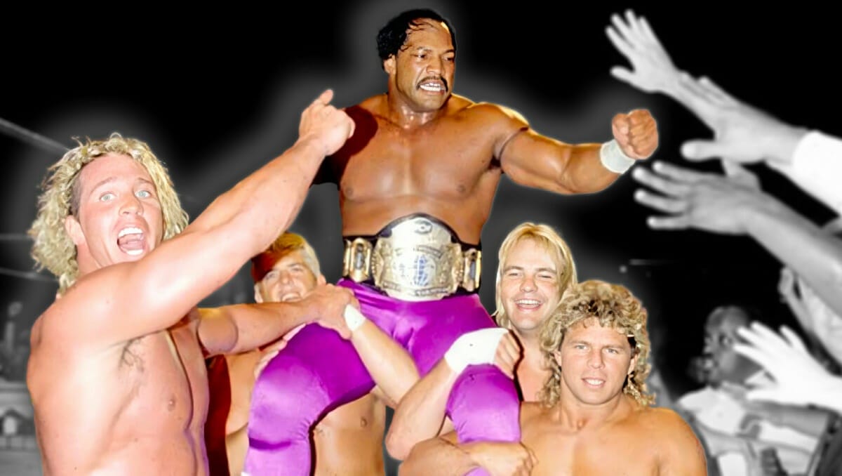 Ron Simmons gets hoisted up in celebration after winning the WCW World Heavyweight Championship on August 2, 1992.