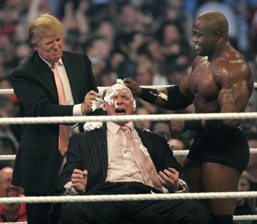 WWE chairman Vince McMahon has his head shaved by Trump and Bobby Lashley after losing a bet in the Battle of the Billionaires at WrestleMania on April 1st, 2007 in Detroit, Michigan. Umaga was representing McMahon in the match when he lost to Bobby Lashley who was representing Trump.