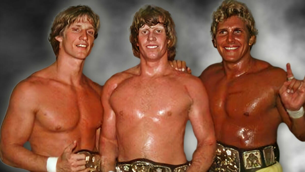 Lance Von Erich (right) alongside his on-screen family, Kevin and Mike Von Erich, in 1986.