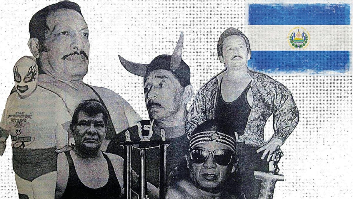 Legends of El Salvador Wrestling: Mr. Flama, Bucanero, Sordo Mudo Cruz, Diablo Rojo, El Satánico, and Tulipan Negro.