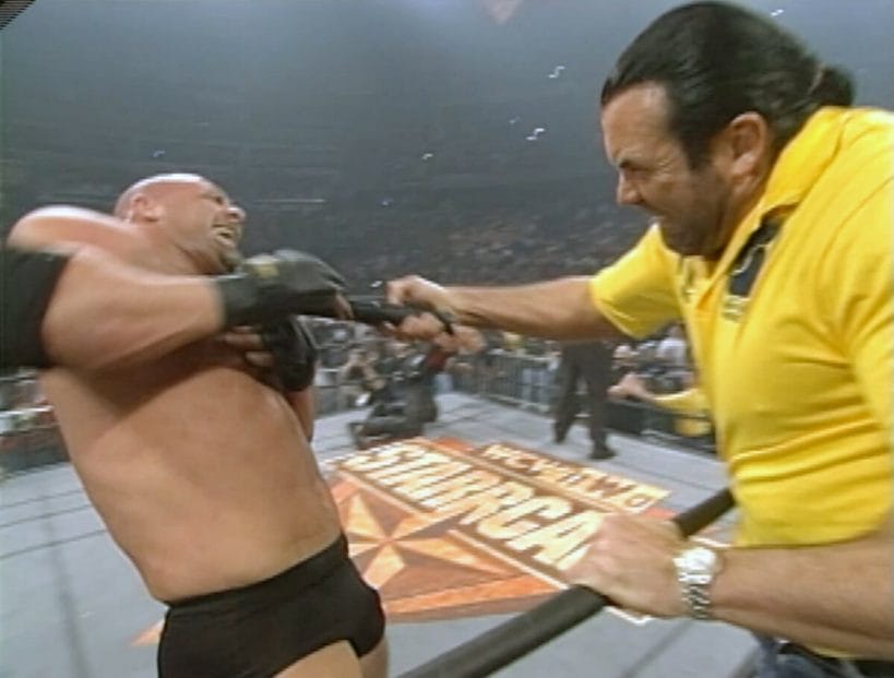 Scott Hall stuns Goldberg moments before Kevin Nash capitalizes for the win at WCW Starrcade 1998.