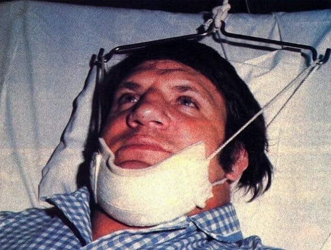 Showdown at Shea - The History of WWE's First Supercards A not so golden moment. Bruno Sammartino after breaking his neck at the hands of Stan Hansen in 1976.