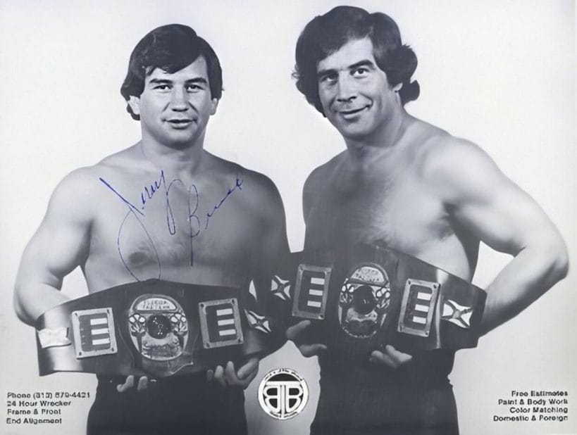 Georgia Championship Wrestling | Wrestling Territories Jerry and Jack Brisco of The Brisco Brothers with the Georgia Tag Team Championships.