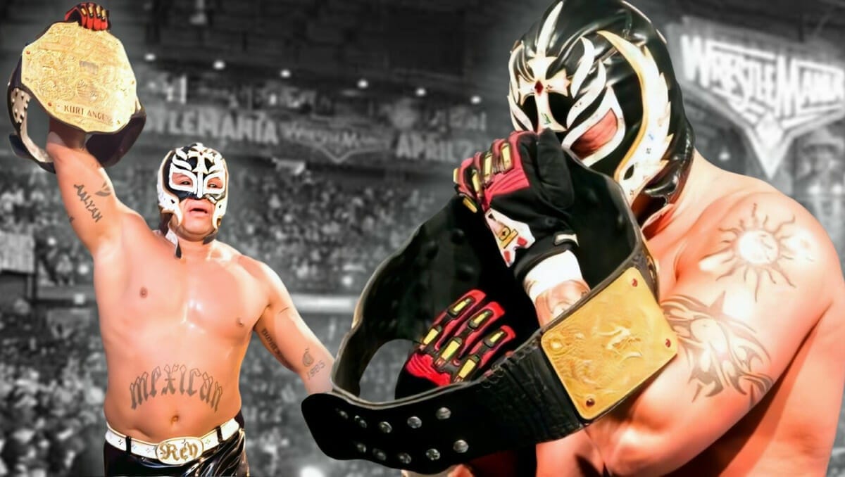 Rey Mysterio after winning the WWE World Heavyweight Championship at WrestleMania 22.