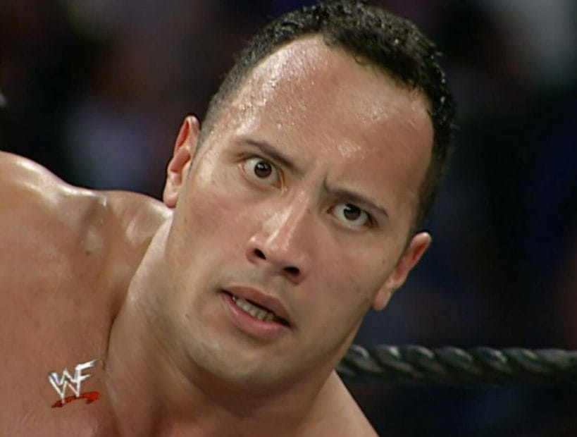 The Rock locks eyes with Stone Cold Steve Austin for the first time at the 2001 Royal Rumble.