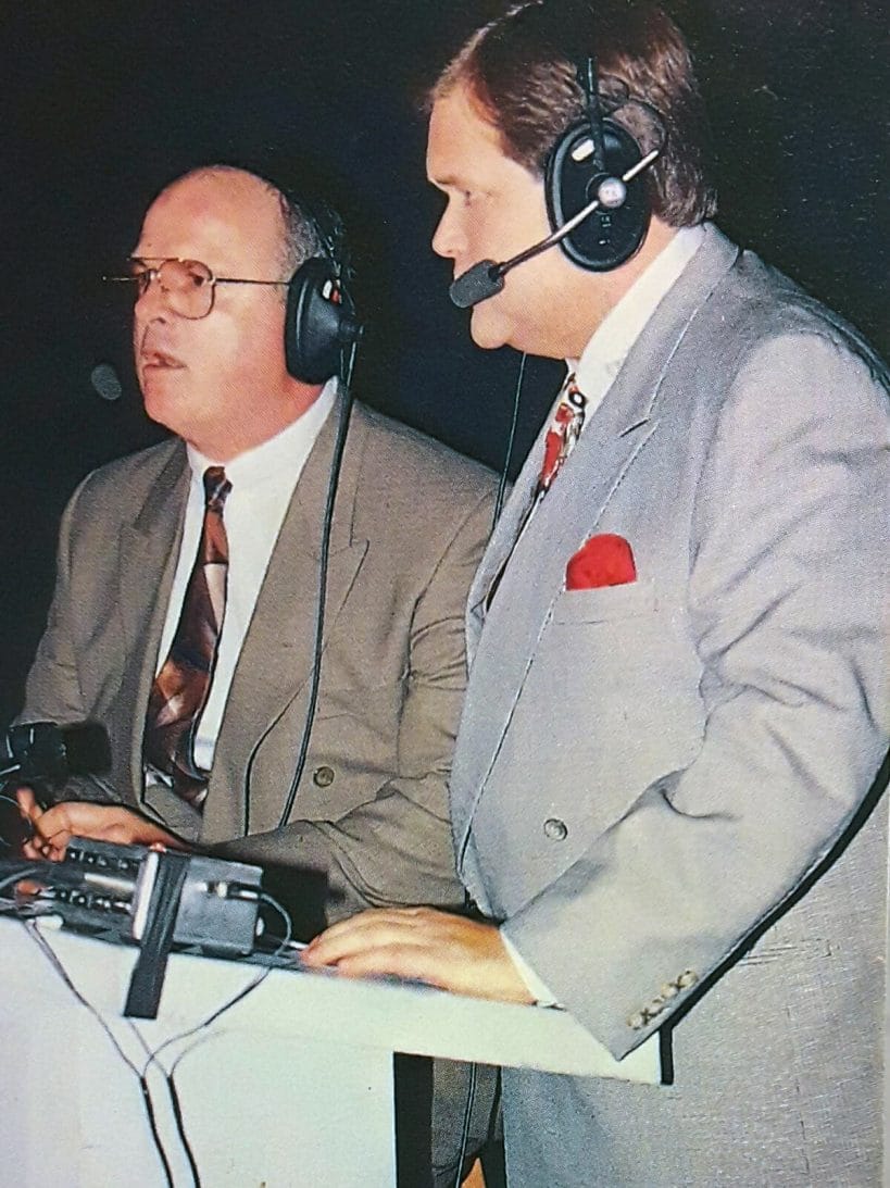 WCW Executive Vice President Bill Watts behind the mic with Jim Ross, 1992.