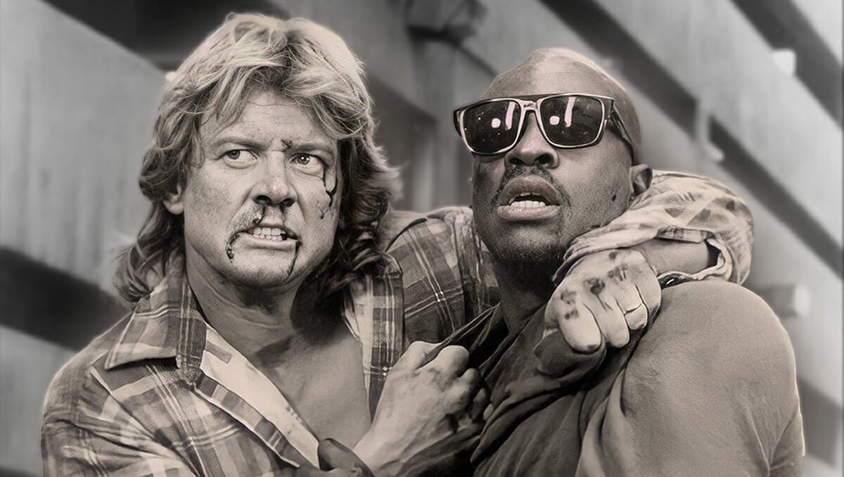 Roddy Piper (Nada) and Keith David (Frank) in They Live.