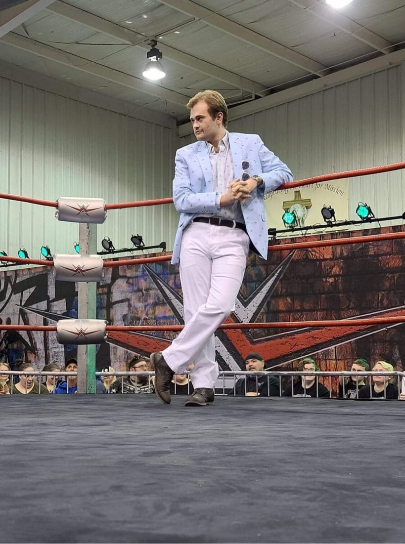 Making my in-ring promo debut as Colonel Parker for the World Wrestling Alliance at a house show in Owensboro, Kentucky. [Photo by Jenn Moore. Copyright: World Wrestling Alliance]
