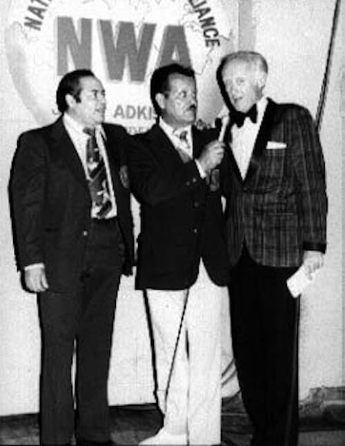 Jimmy Lennon Sr. in 1973 on right with Los Angeles nationally syndicated announcing duo Miguel Alonso (who went on to do Hispanic commentary for years for both the WWF and WCW alongside Pedro Morales) and Luis Magana. [Photo taken by Wrealano@aol.com for use on Pro Wrestling Stories]