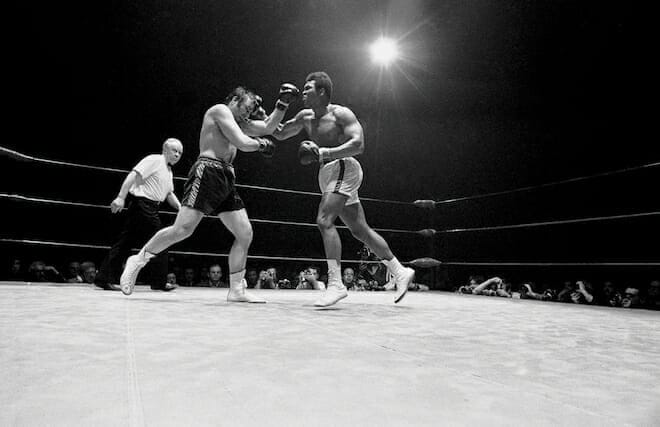 Here, in their second encounter, on May 1st, 1972, a battered George Chuvalo holds his own against Muhammad Ali.