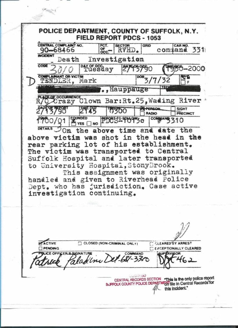 Suffolk County Police Department Field Report from the night of the Mark Tendler shooting, February 13, 1990.